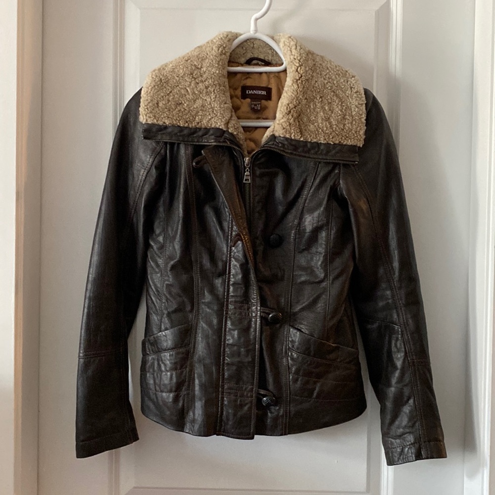 Danier leather bomber jacket with genuine lamb fur collar